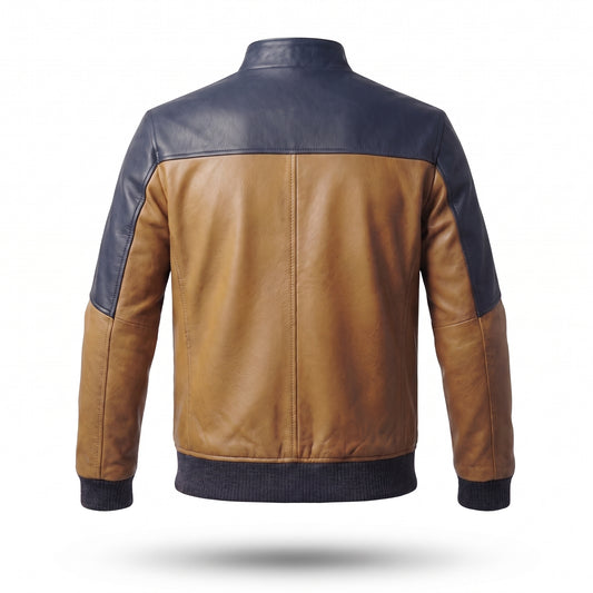 Men's Navy & Tan Two-Tone Leather Bomber Jacket | Western-Yoke Contrast Panel Jacket