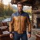 Men's Navy & Tan Two-Tone Leather Bomber Jacket | Western-Yoke Contrast Panel Jacket