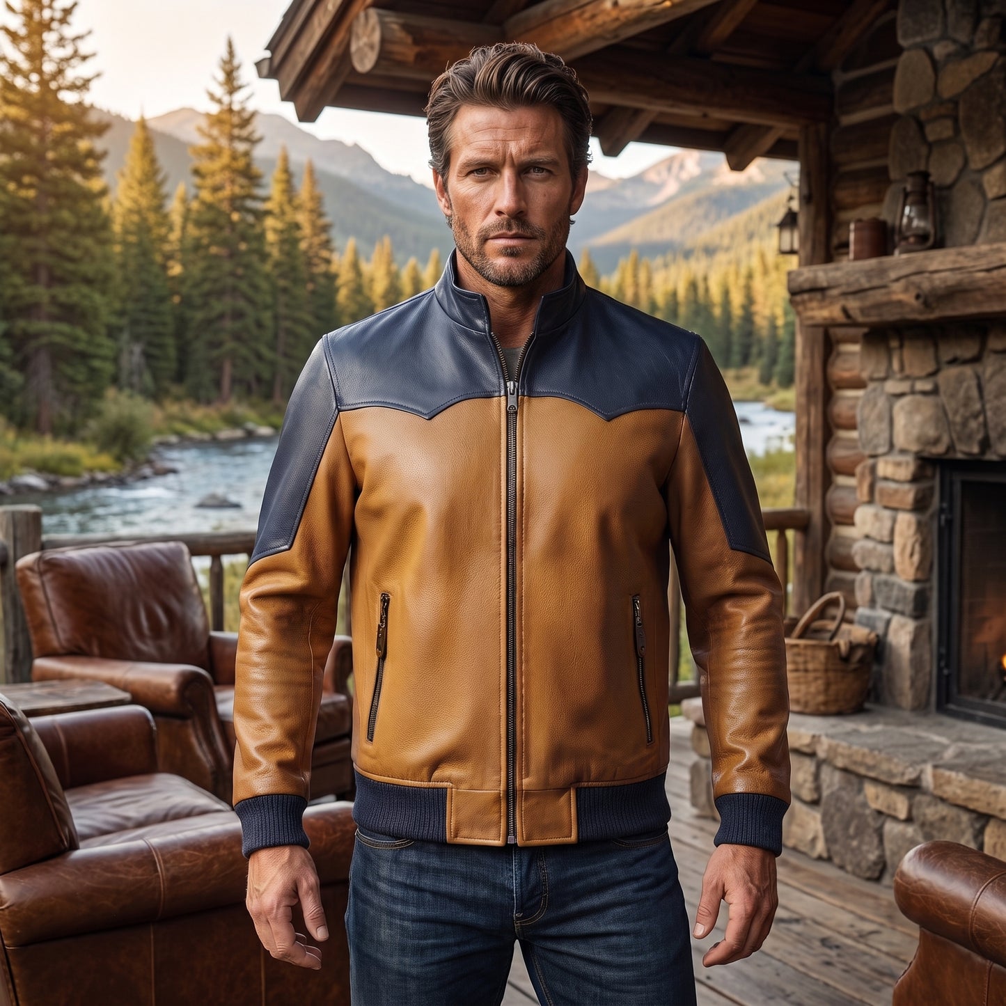 Men's Navy & Tan Two-Tone Leather Bomber Jacket | Western-Yoke Contrast Panel Jacket