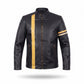 Men's Black Leather Racer Jacket | Vertical Yellow Stripe Moto Jacket with Arm Band