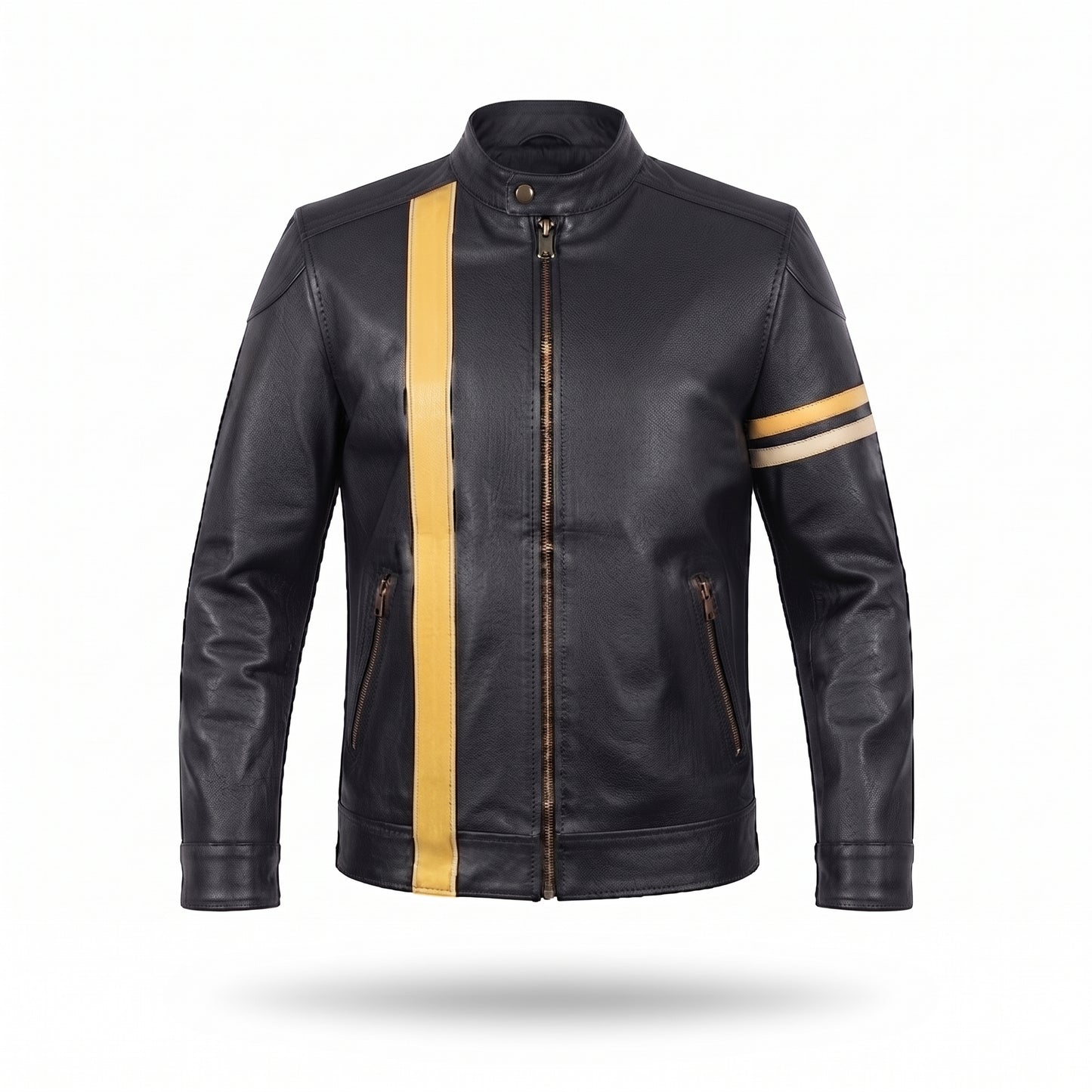 Men's Black Leather Racer Jacket | Vertical Yellow Stripe Moto Jacket with Arm Band