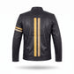 Men's Black Leather Racer Jacket | Vertical Yellow Stripe Moto Jacket with Arm Band