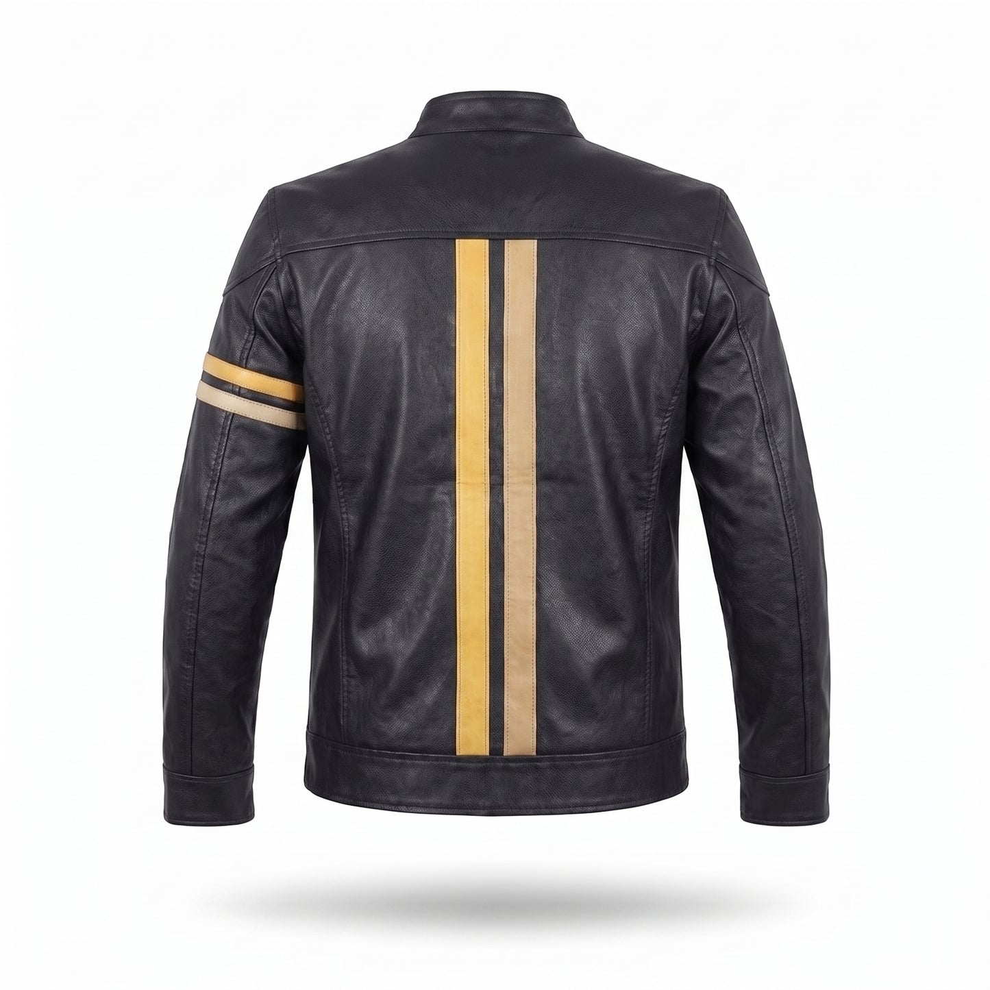 Men's Black Leather Racer Jacket | Vertical Yellow Stripe Moto Jacket with Arm Band