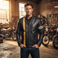 Men's Black Leather Racer Jacket | Vertical Yellow Stripe Moto Jacket with Arm Band
