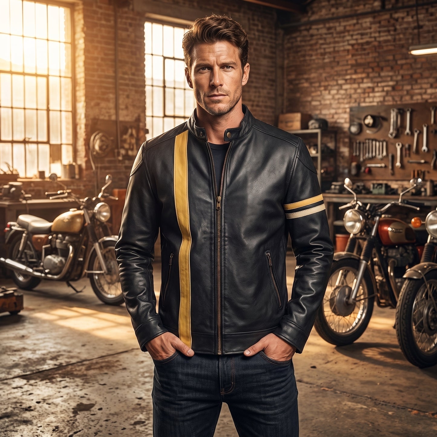 Men's Black Leather Racer Jacket | Vertical Yellow Stripe Moto Jacket with Arm Band