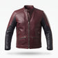 Men's Maroon & Black Leather Racer Jacket | Quilted Shoulder Moto Jacket with Side Stripe