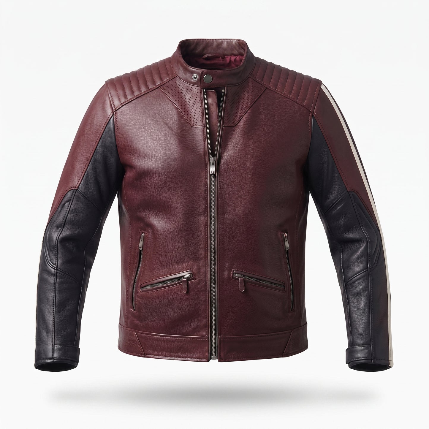 Men's Maroon & Black Leather Racer Jacket | Quilted Shoulder Moto Jacket with Side Stripe