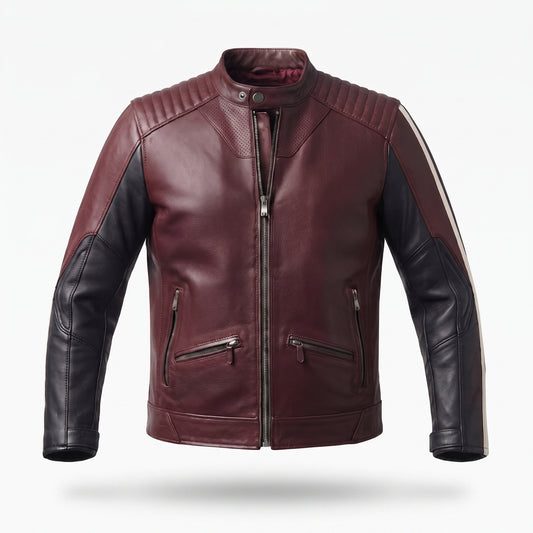 Men's Maroon & Black Leather Racer Jacket | Quilted Shoulder Moto Jacket with Side Stripe