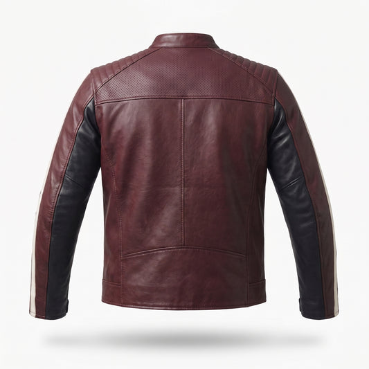 Men's Maroon & Black Leather Racer Jacket | Quilted Shoulder Moto Jacket with Side Stripe