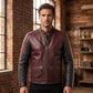 Men's Maroon & Black Leather Racer Jacket | Quilted Shoulder Moto Jacket with Side Stripe