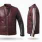 Men's Maroon & Black Leather Racer Jacket | Quilted Shoulder Moto Jacket with Side Stripe