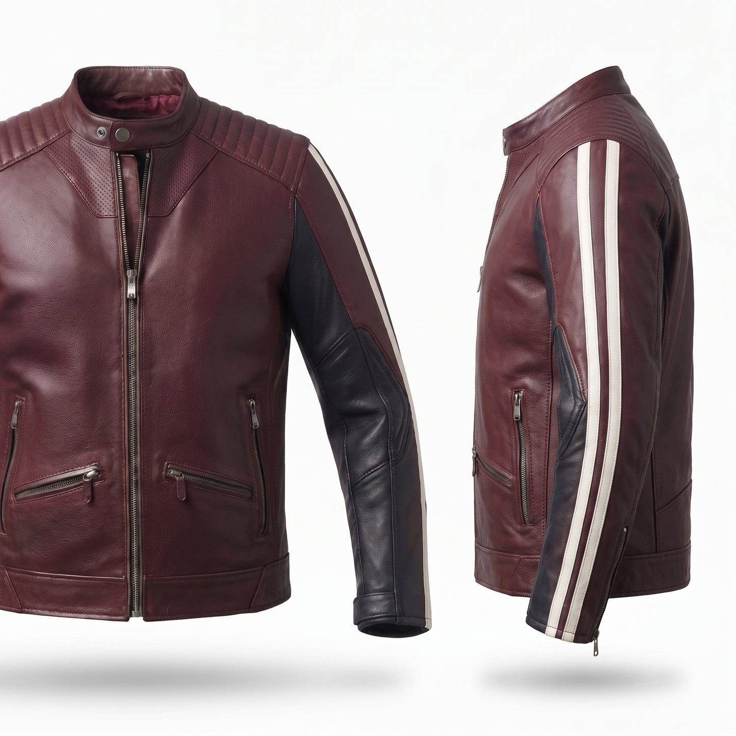 Men's Maroon & Black Leather Racer Jacket | Quilted Shoulder Moto Jacket with Side Stripe
