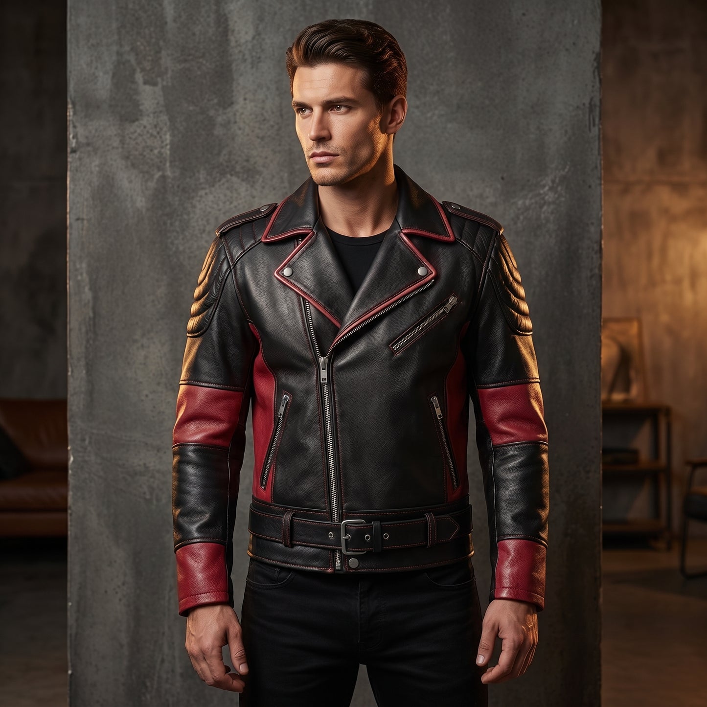 Men's Black & Red Leather Biker Jacket | Genuine Leather Racing Motorcycle Jacket