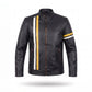 Men's Black Leather Racer Jacket | Vertical Yellow & White Stripe Moto Jacket with Arm Band