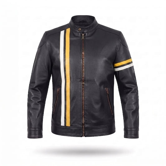 Men's Black Leather Racer Jacket | Vertical Yellow & White Stripe Moto Jacket with Arm Band
