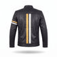 Men's Black Leather Racer Jacket | Vertical Yellow & White Stripe Moto Jacket with Arm Band