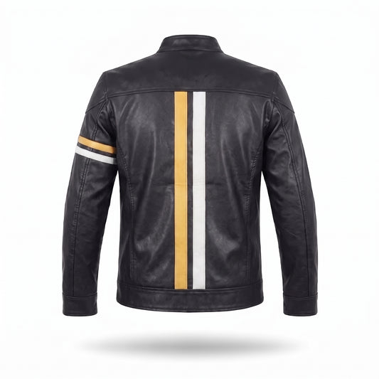 Men's Black Leather Racer Jacket | Vertical Yellow & White Stripe Moto Jacket with Arm Band