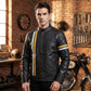 Men's Black Leather Racer Jacket | Vertical Yellow & White Stripe Moto Jacket with Arm Band
