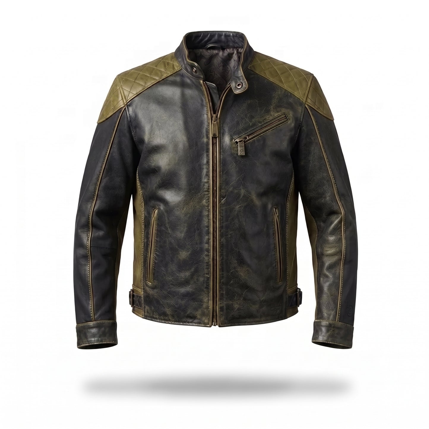 Men's Vintage Distressed Leather Motorcycle Jacket – Quilted Panel Biker Jacket