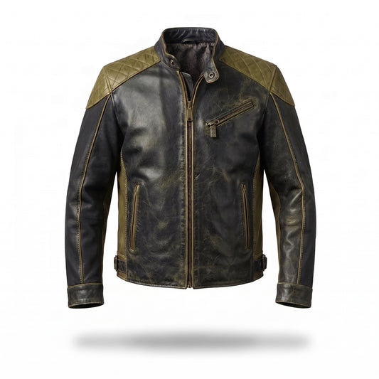 Men's Vintage Distressed Leather Motorcycle Jacket – Quilted Panel Biker Jacket