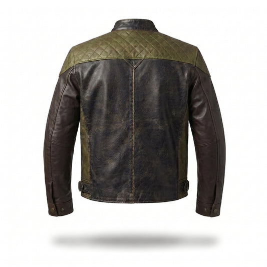 Men's Vintage Distressed Leather Motorcycle Jacket – Quilted Panel Biker Jacket