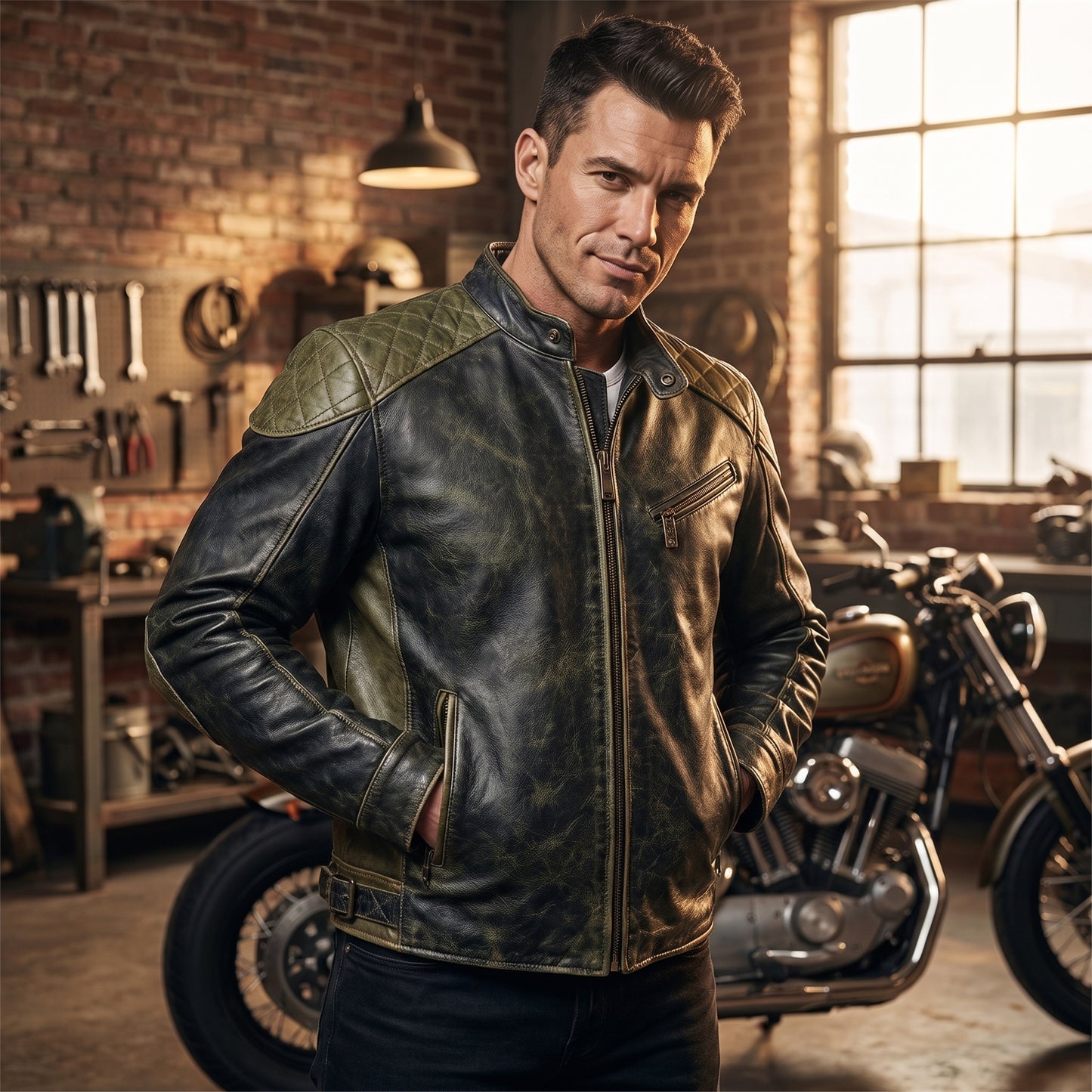 Men's Vintage Distressed Leather Motorcycle Jacket – Quilted Panel Biker Jacket