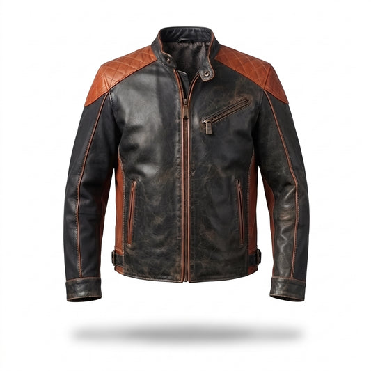 Men's Black & Tan Distressed Leather Jacket | Quilted Shoulder Racer Jacket with Snap Cuffs
