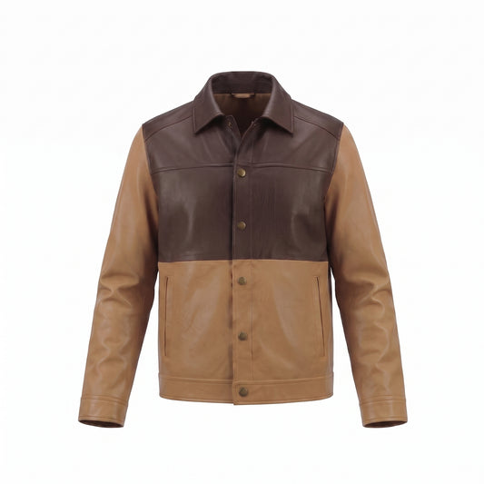 Men's Two-Tone Brown Leather Trucker Jacket | Genuine Leather Snap-Button Shirt Jacket