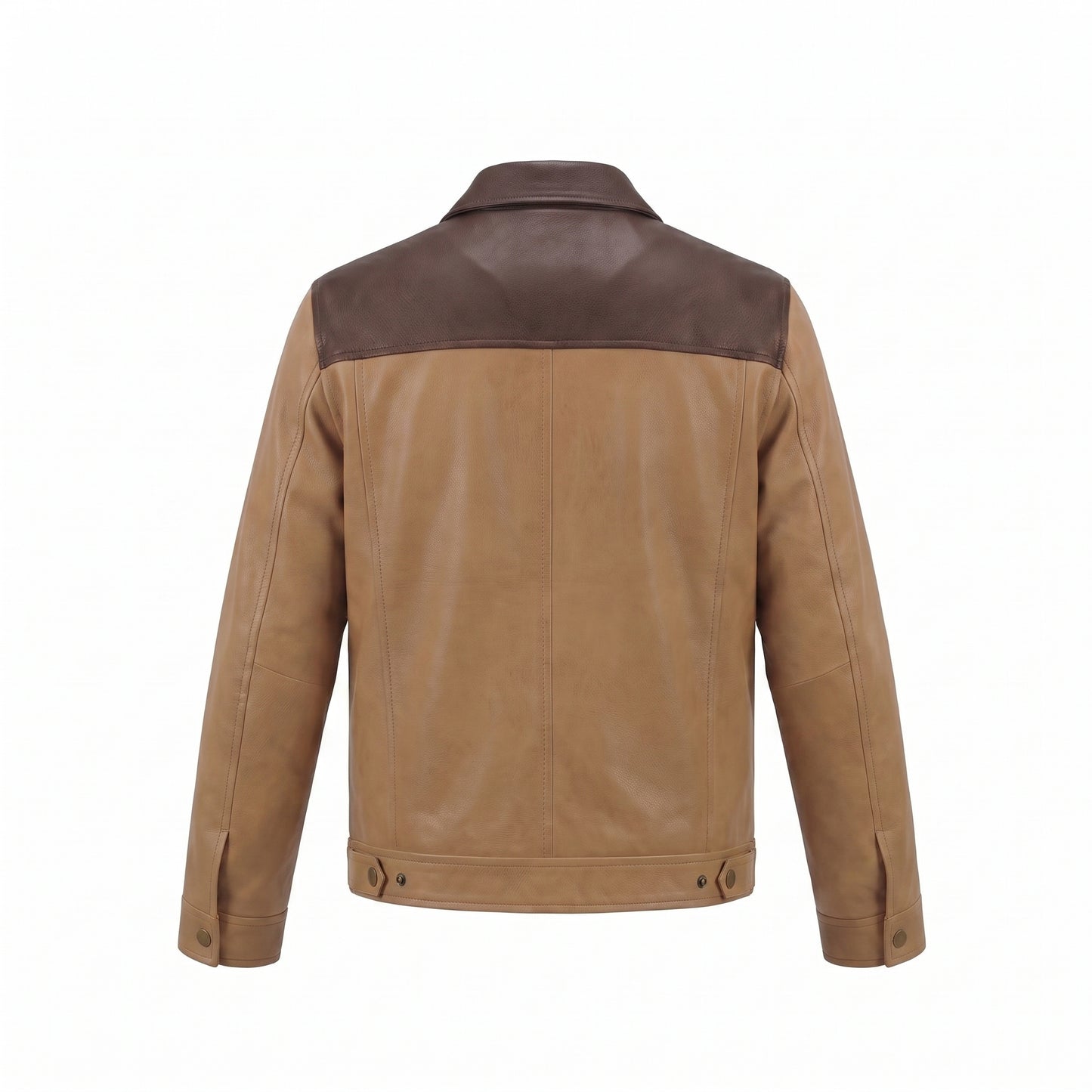 Men's Two-Tone Brown Leather Trucker Jacket | Genuine Leather Snap-Button Shirt Jacket