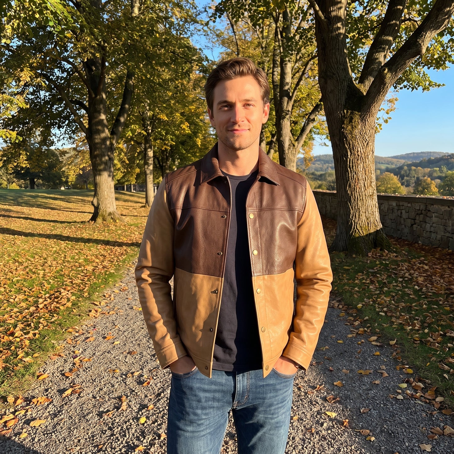 Men's Two-Tone Brown Leather Trucker Jacket | Genuine Leather Snap-Button Shirt Jacket